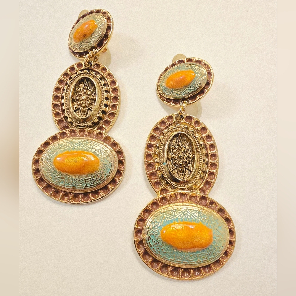 Huge Vintage 80s 90s Door Knocker Enamel Gold Dangle Statement Pendant Earrings
